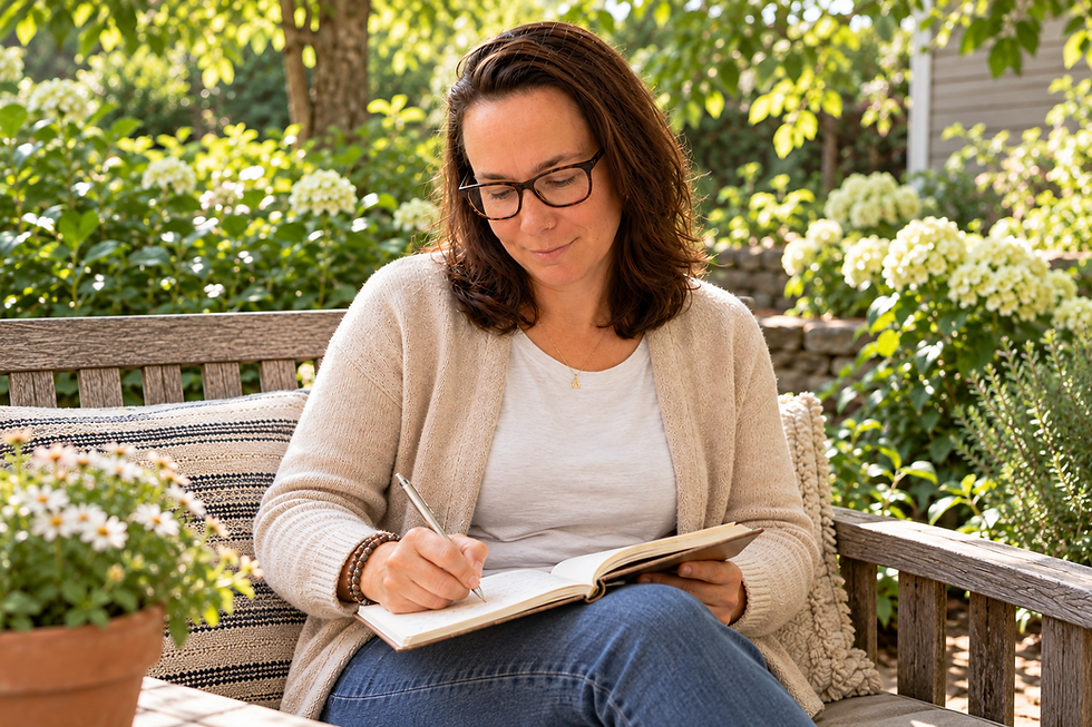 Vrouw met bril schrijft in een notitieboek op een houten tuinbank, omringd door groen en bloemen in zacht zonlicht.