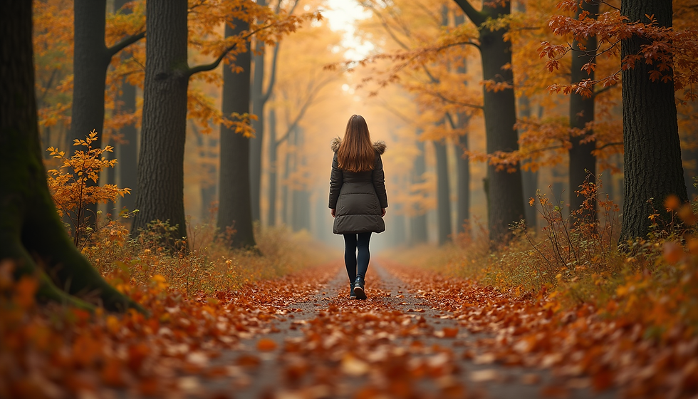 Vrouw loopt weg over met bladeren bedekt bospad tussen hoge bomen in mistig herfstbos, warm oranje en serene sfeer.