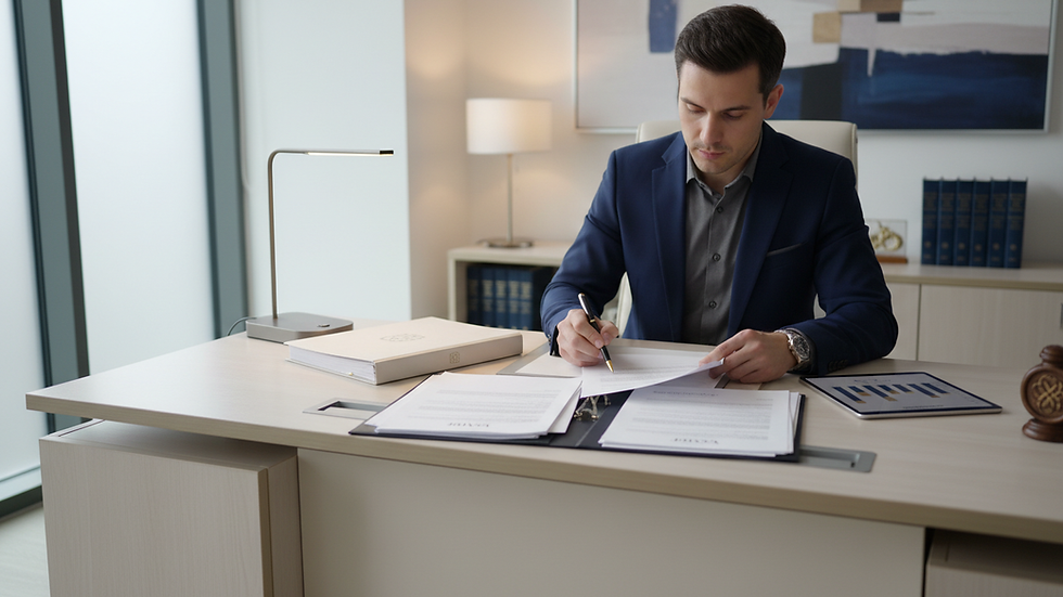 Eye-level view of a professional reviewing tax documents on a desk