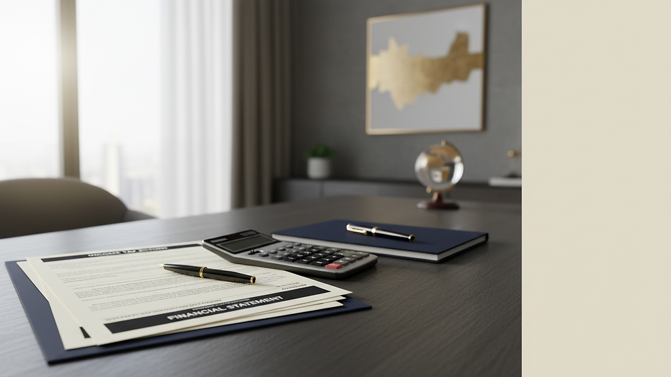 Eye-level view of office desk with tax documents and calculator