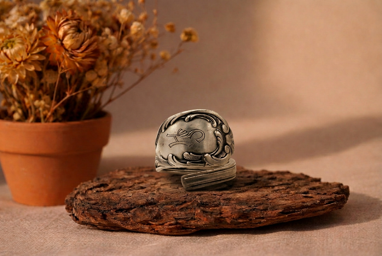 Ring aus einem versilberten Kaffeelöffel Rokoko Muster mit " SH " Gravur