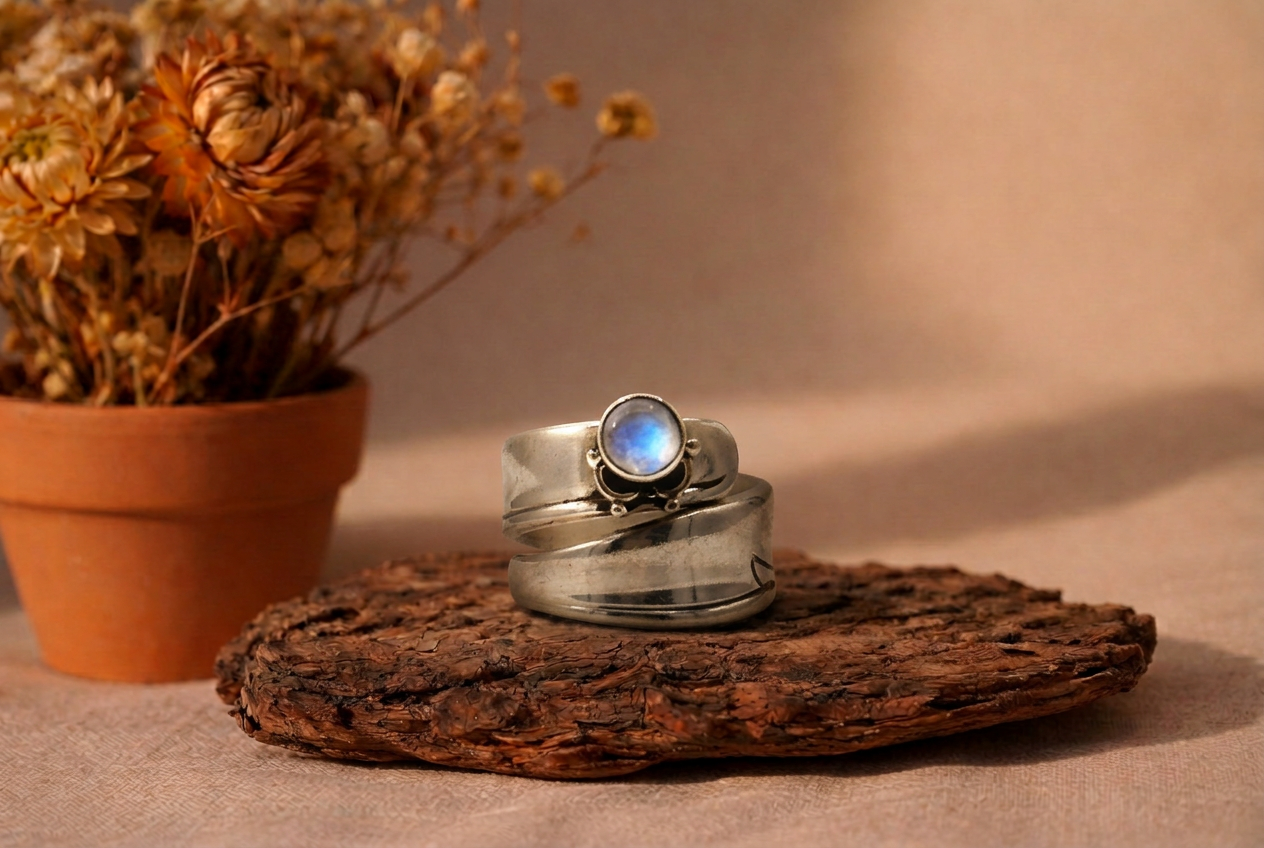 Ring aus einem Kaffeelöffel Stiel mit einem Mondstein versehen