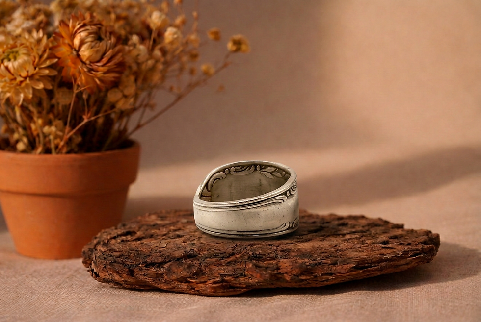 Miniaturbild: Ring aus einem versilberten Kaffeelöffel Stiel mit einem Mondstein