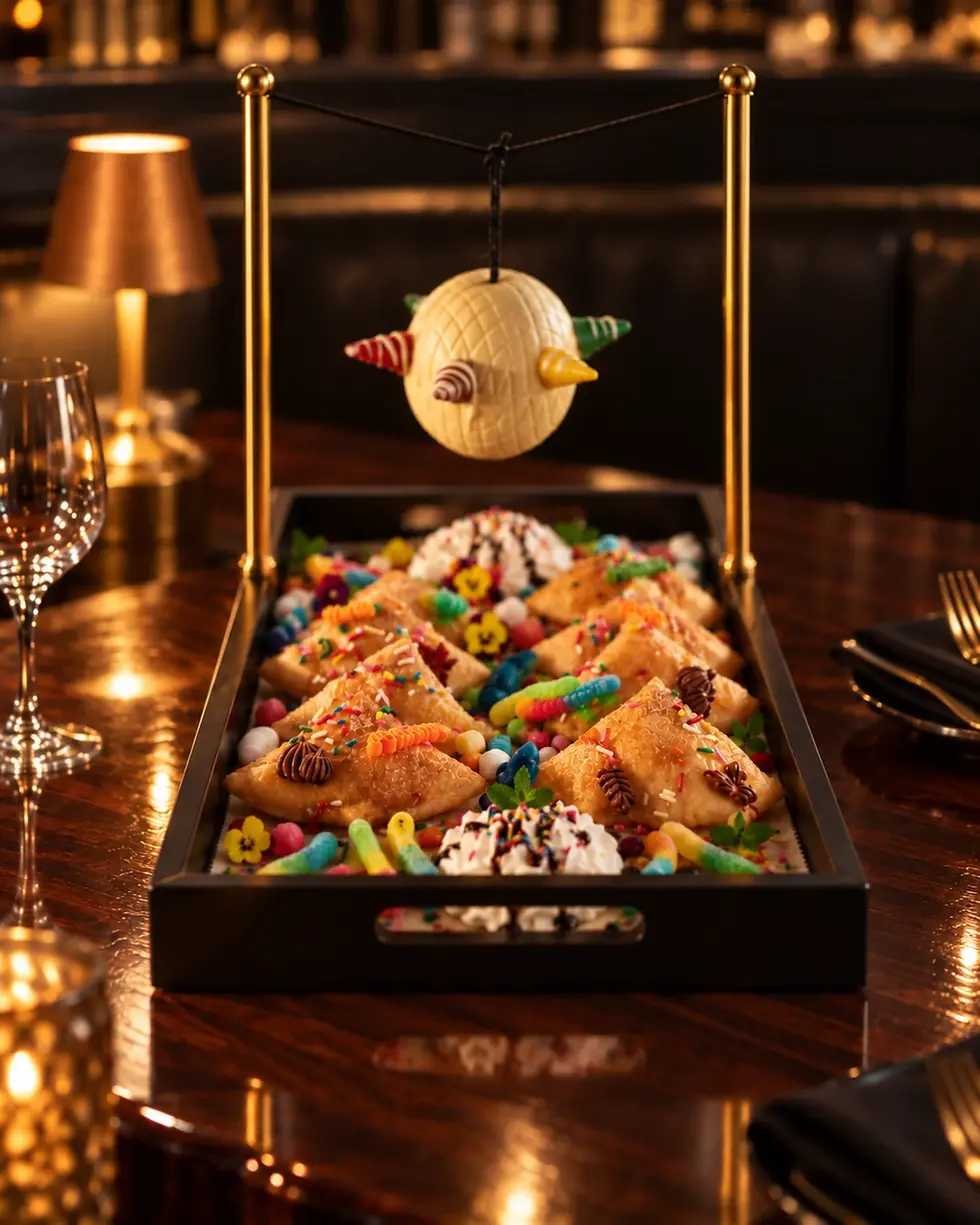 Chocolate piñata over a tray of sopapillas and candy at Casa Real in Loveland