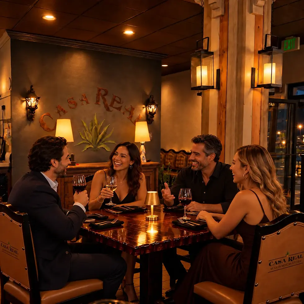 Friends sharing wine at a candlelit table at Casa Real in Loveland