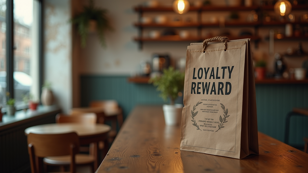 Eye-level view of a cozy cafe with a loyalty reward sign