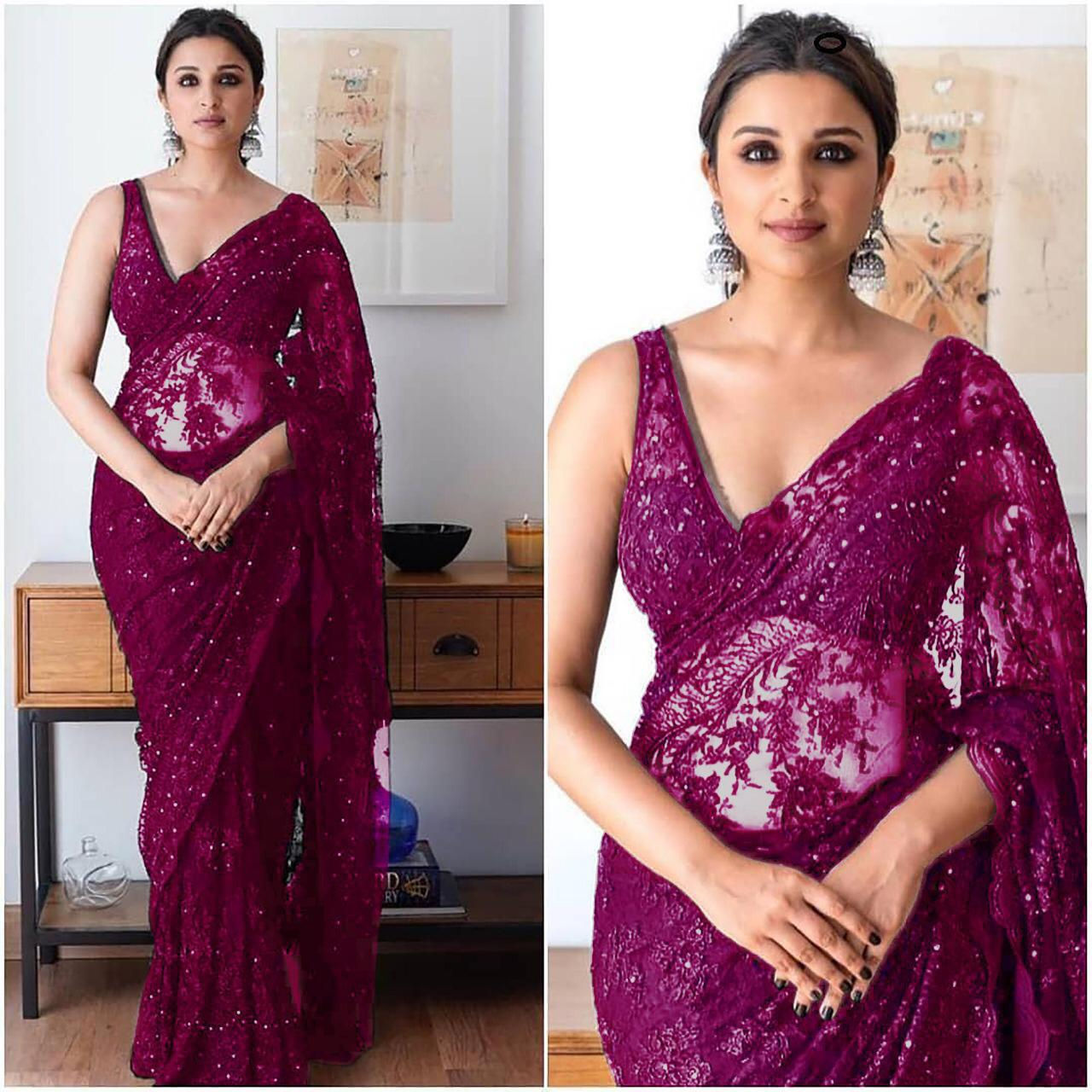 Parineeti Chopra Bollywood Style Latest Purple Color Saree