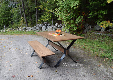 wood and metal dining table and bench