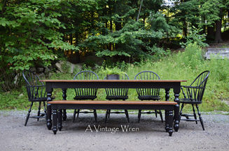 new hampshire made solid wood dining table and bench set with black painted dining chairs