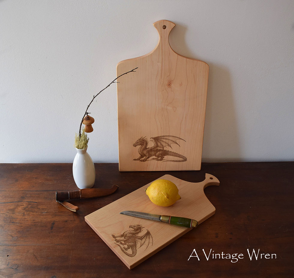Thumbnail: solid wood cutting board with dragon engraving. Dragon engraved charcuterie board