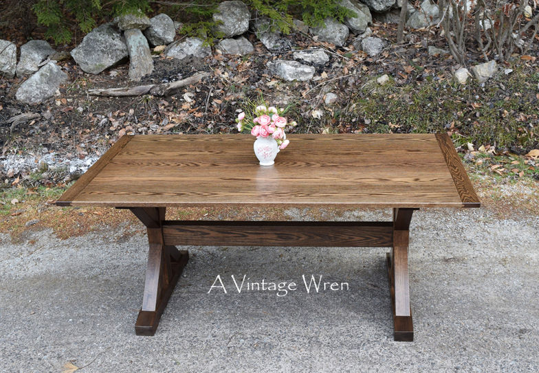 solid oak wood trestle farm table Watertown Massachusetts 