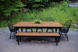 new hampshire made solid wood dining table and bench set with black painted dining chairs