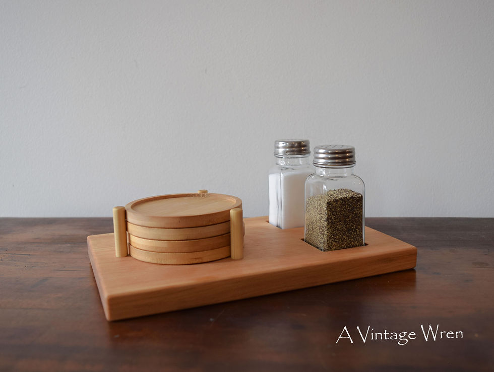 modern sustainable wood coaster set with holder and salt and pepper shakers. modern wood Salt and pepper caddy