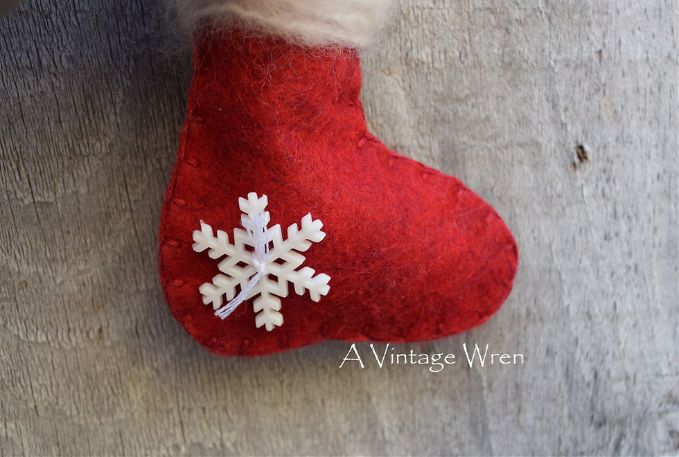 Thumbnail: Red wool felt stocking ornament with white trim and wooden elf in the top
