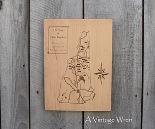 Laser engraved New Hampshire map with the mountains, rivers and major highways