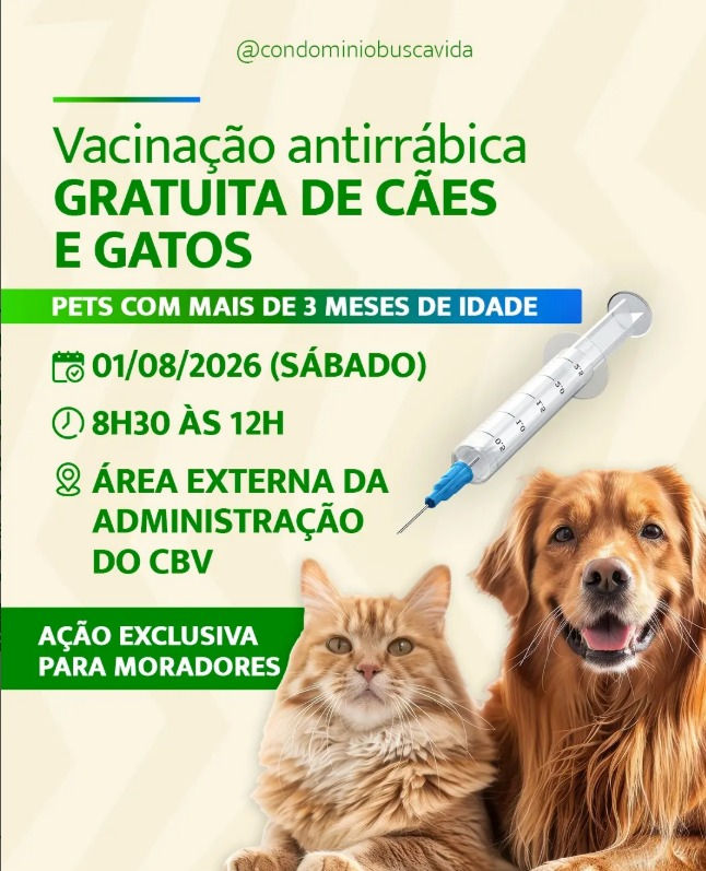 Busca Vida promove campanha gratuita de vacinação antirrábica para cães e gatos