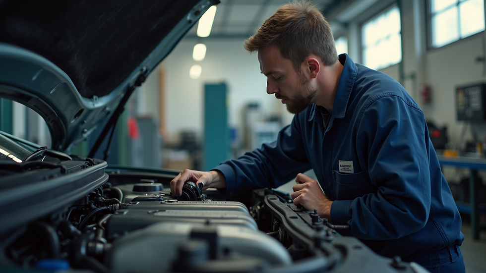 Close-up view of a mechanic checking an engine