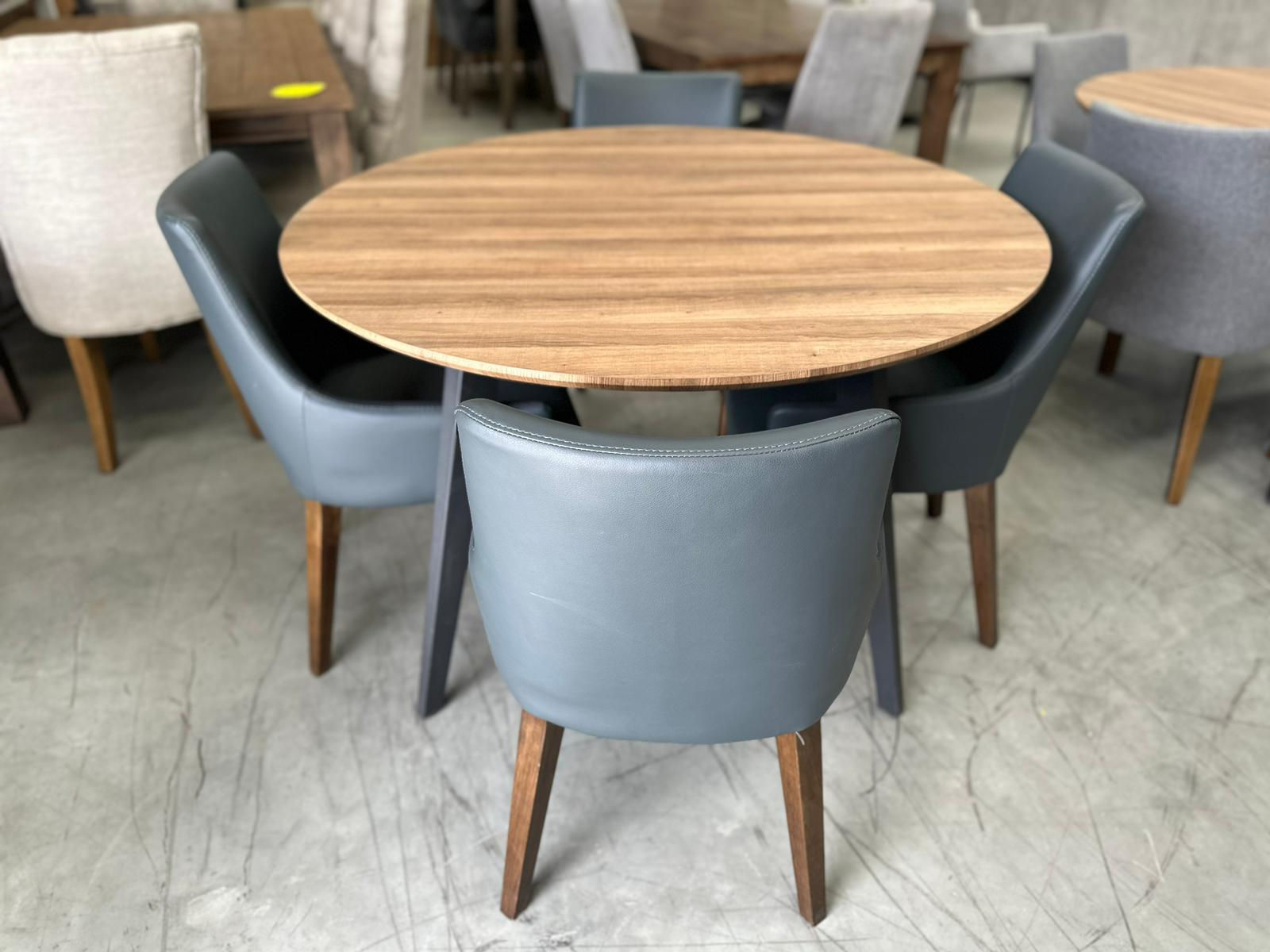 Reyes 1.2m Timber Round Dining Table with 4 Leather Chairs