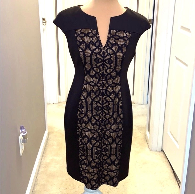 Thumbnail: Pre-Owned: Connected Apparel Cap Sleeve Lace Panel Sheath Dress Size 8P
