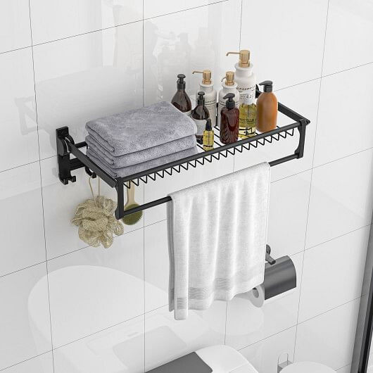 Wall Mounted Towel Shelf with Adjustable Towel Bar and Movable Hooks No Assembly