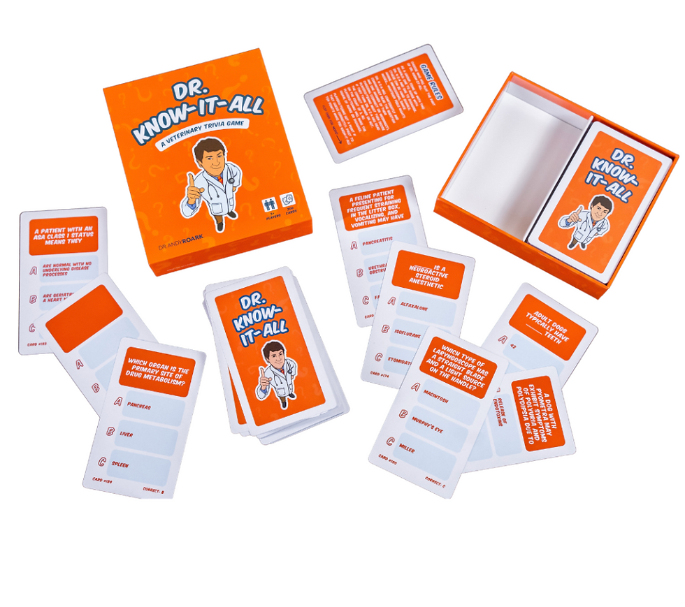 Dr. Know It All trivia cards with veterinary questions.
