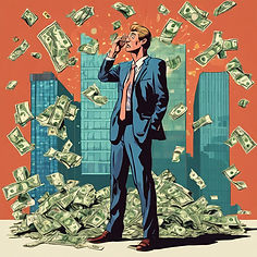 An investor surrounded by commercial investment properties and money from their profit