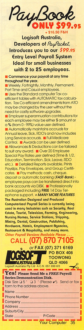 1992 PayBook payroll software advert promoting a cost-effective payroll system for Australian small businesses