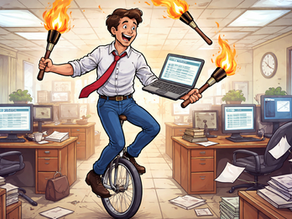 Graphic of a business owner processing payroll on a laptop while juggling flaming torches and balancing on a unicycle — illustrating how payroll can feel chaotic before using e-PayDay FREEPAY payroll software.