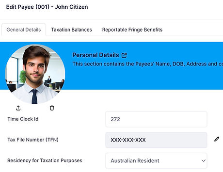 Payee Master File screen showing General Details, Taxation Balances and Reportable Fringe Benefits tabs.
