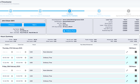 e-PayDay FREEPAY e-Time timesheet showing employee clock-in and clock-out times, ordinary working hours, pay rates and allowances for automated payroll processing
