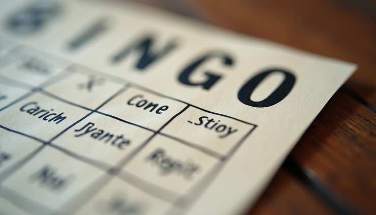 Close-up view of a bingo card with musical notes and song titles