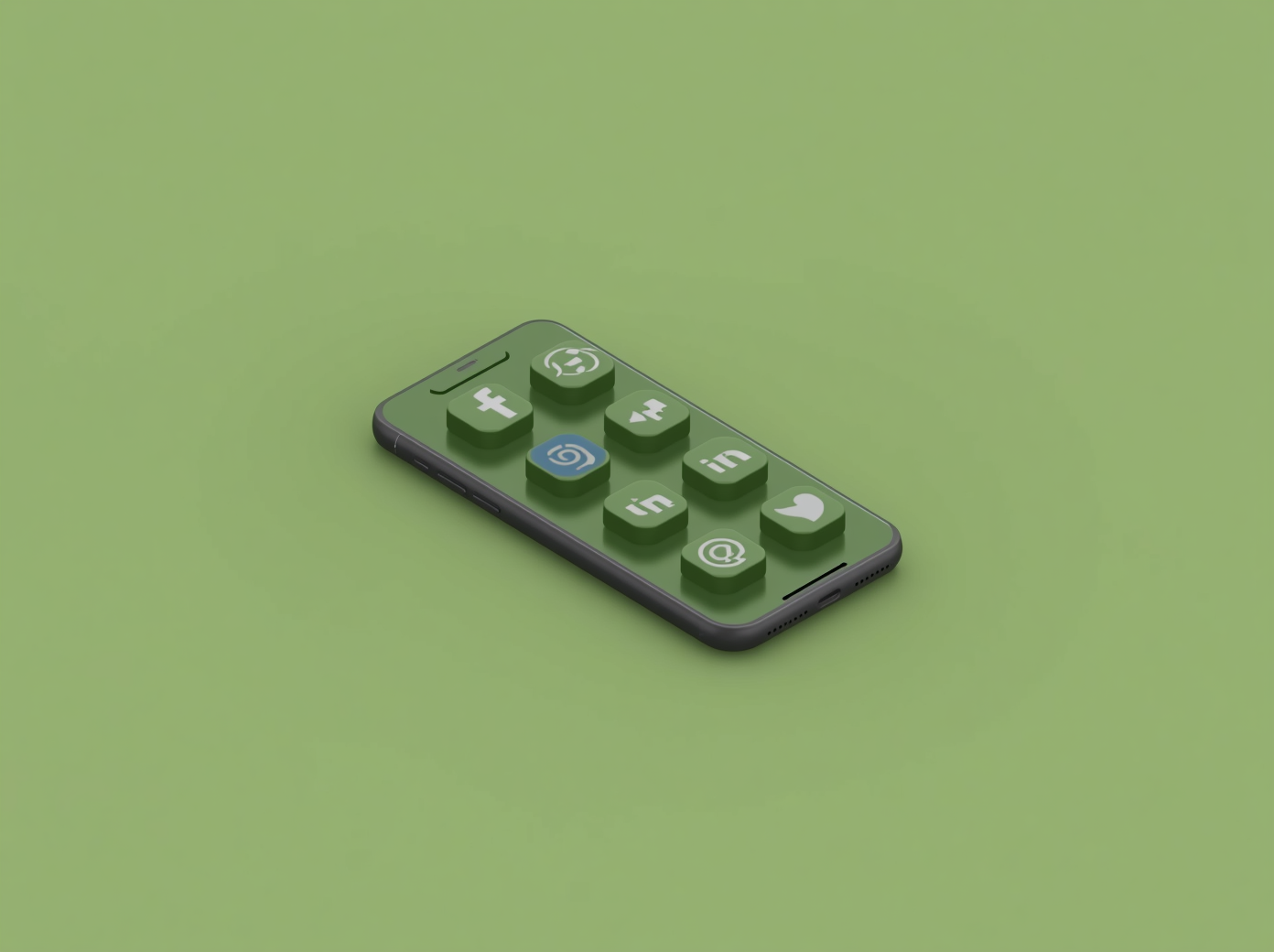 3D illustration of social media icons displayed on a phone screen, phone placed on a backg
