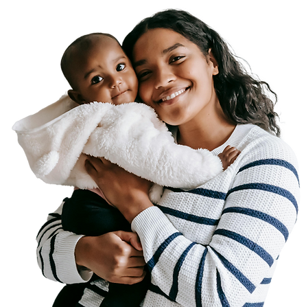 Woman holding baby, smiling 