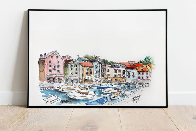 croatia island coast losinj cres coast side mediterranean adriatic travel summer 2023 vacation souvenir bale village urban art wall art print illustration urban sketch bruna babic