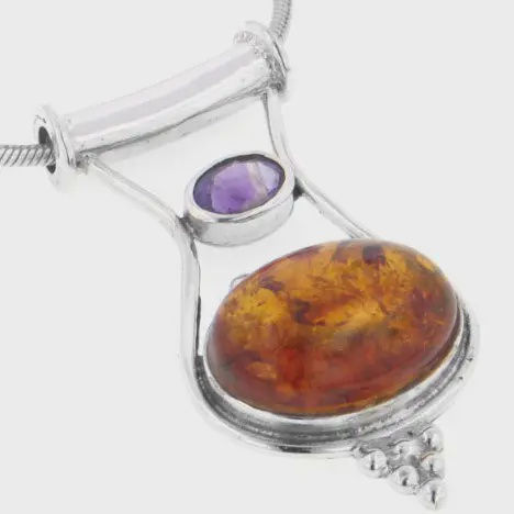 Sterling Silver Baltic Amber & Amethyst Slide Pendant