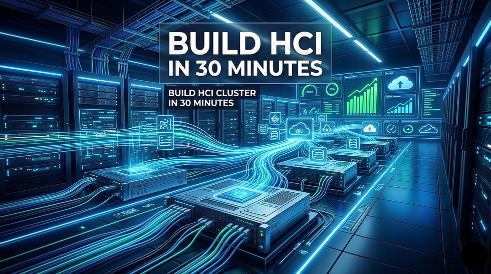 Hyper-converged infrastructure cluster deployment showing enterprise servers connected to form an HCI system