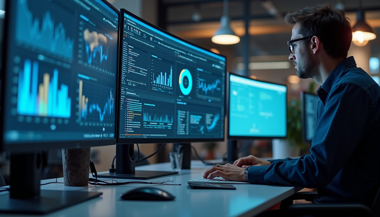Eye-level view of a modern workspace with multiple screens showing automation dashboards