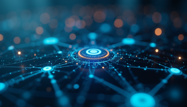 Eye-level view of interconnected digital network nodes representing system integration