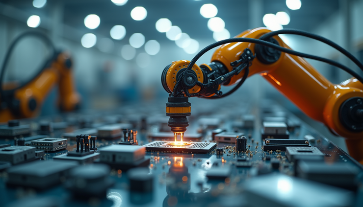 Eye-level view of a manufacturing robot arm assembling electronic components
