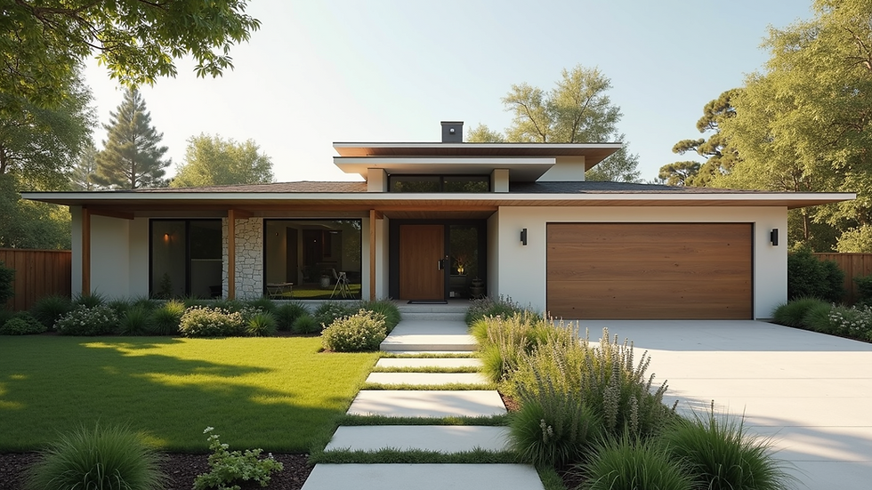 Eye-level view of a modern custom home exterior with clean lines and natural materials