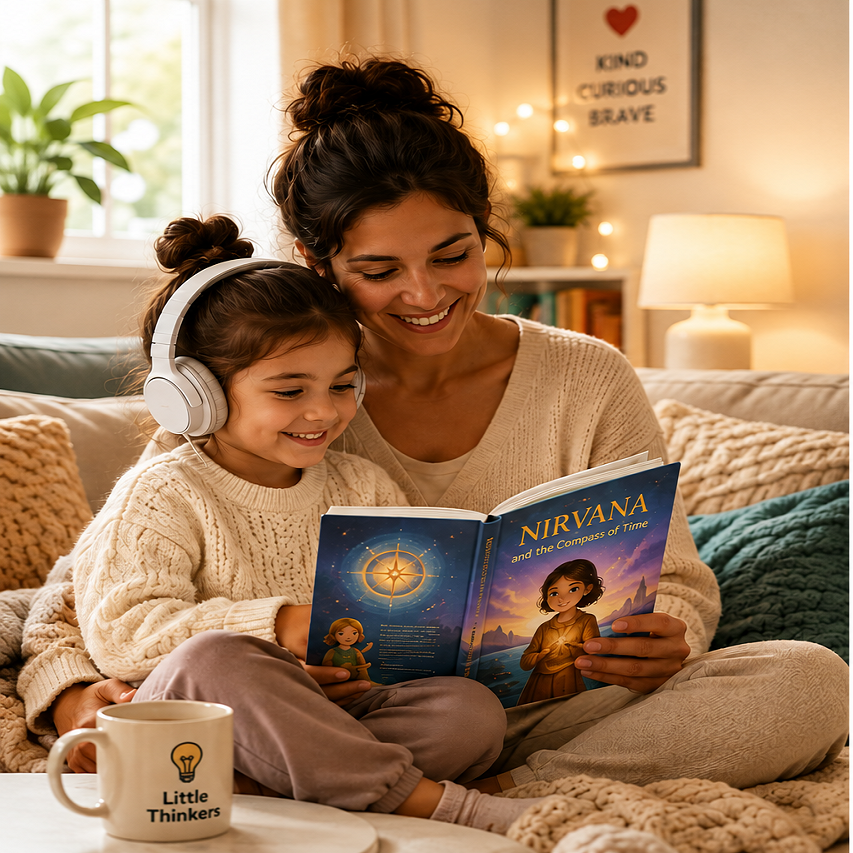 Mother reading a children's educational story with her daughter while listening to audio storytelling from Little Thinkers Studio, helping build emotional intelligence, imagination, and reading skills.
