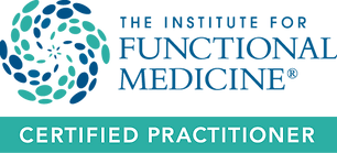 The Institute for Functional Medicine certified practitioner badge—teal and navy spiral logo with text beneath.