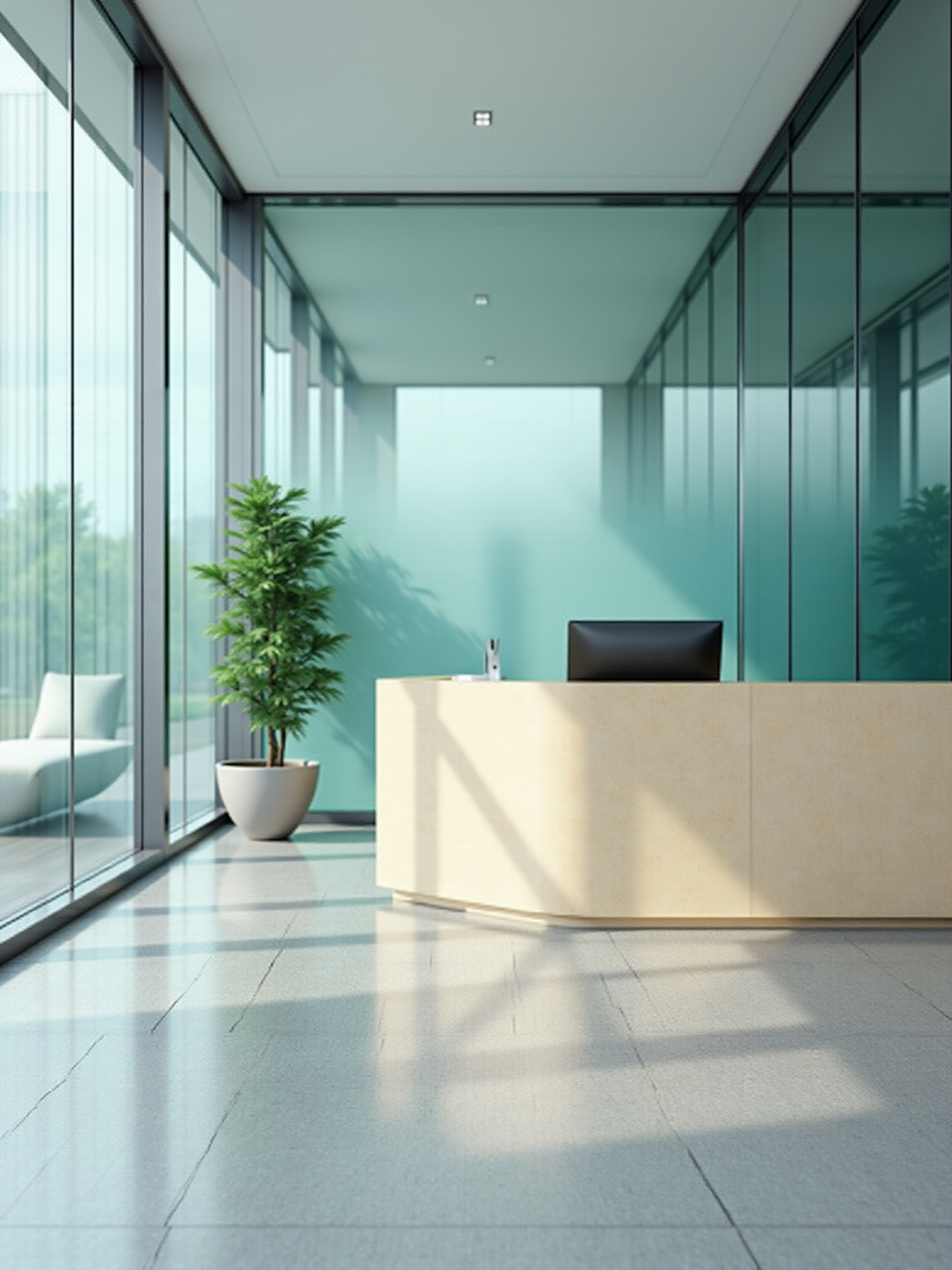 Empfangsbereich mit heller Rezeption und Glaswänden – gepflegter Eingangsbereich durch LAK Cleaning Service.