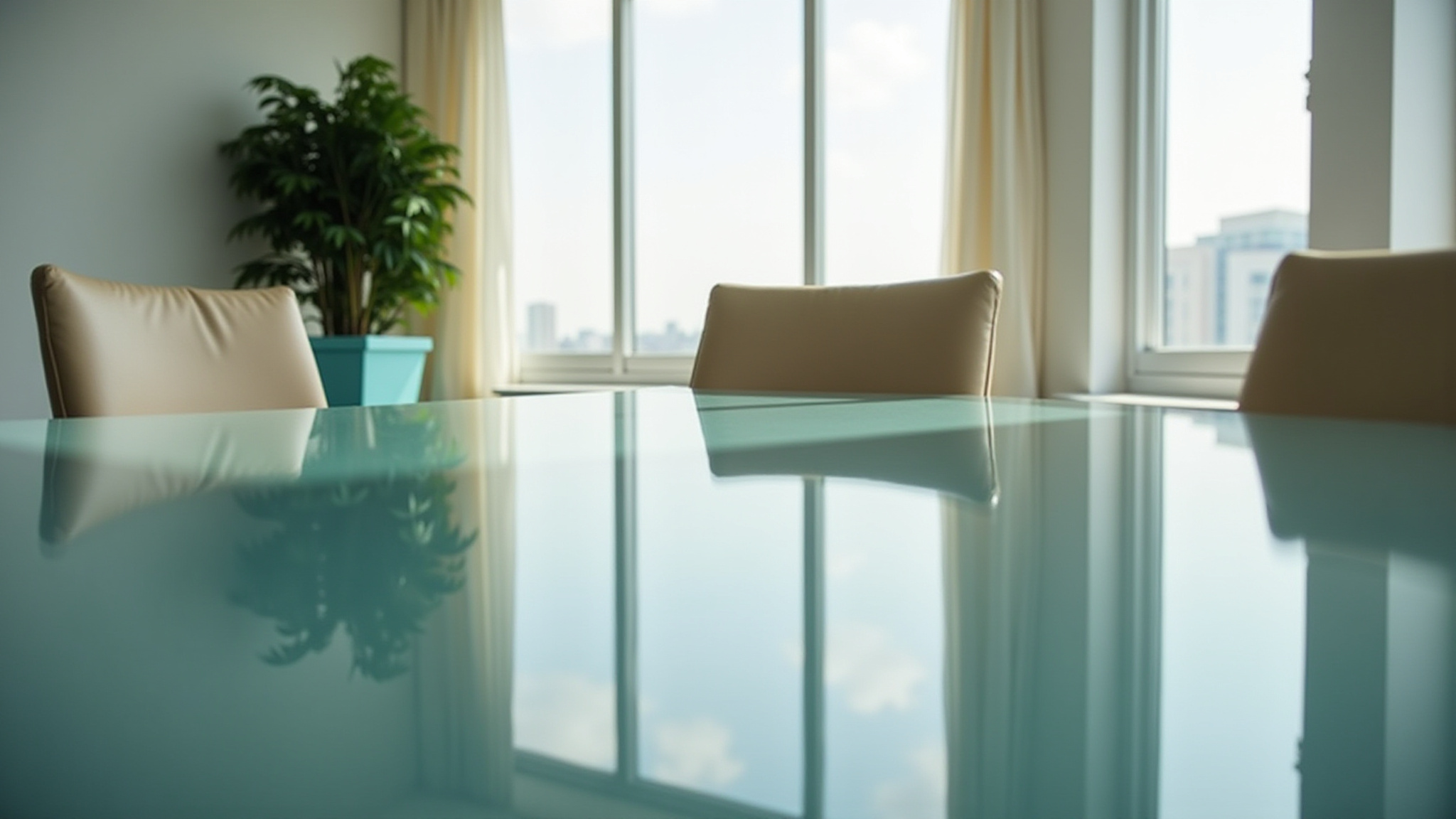 Sauberer Konferenztisch mit Glasoberfläche nach Büroreinigung in Berlin