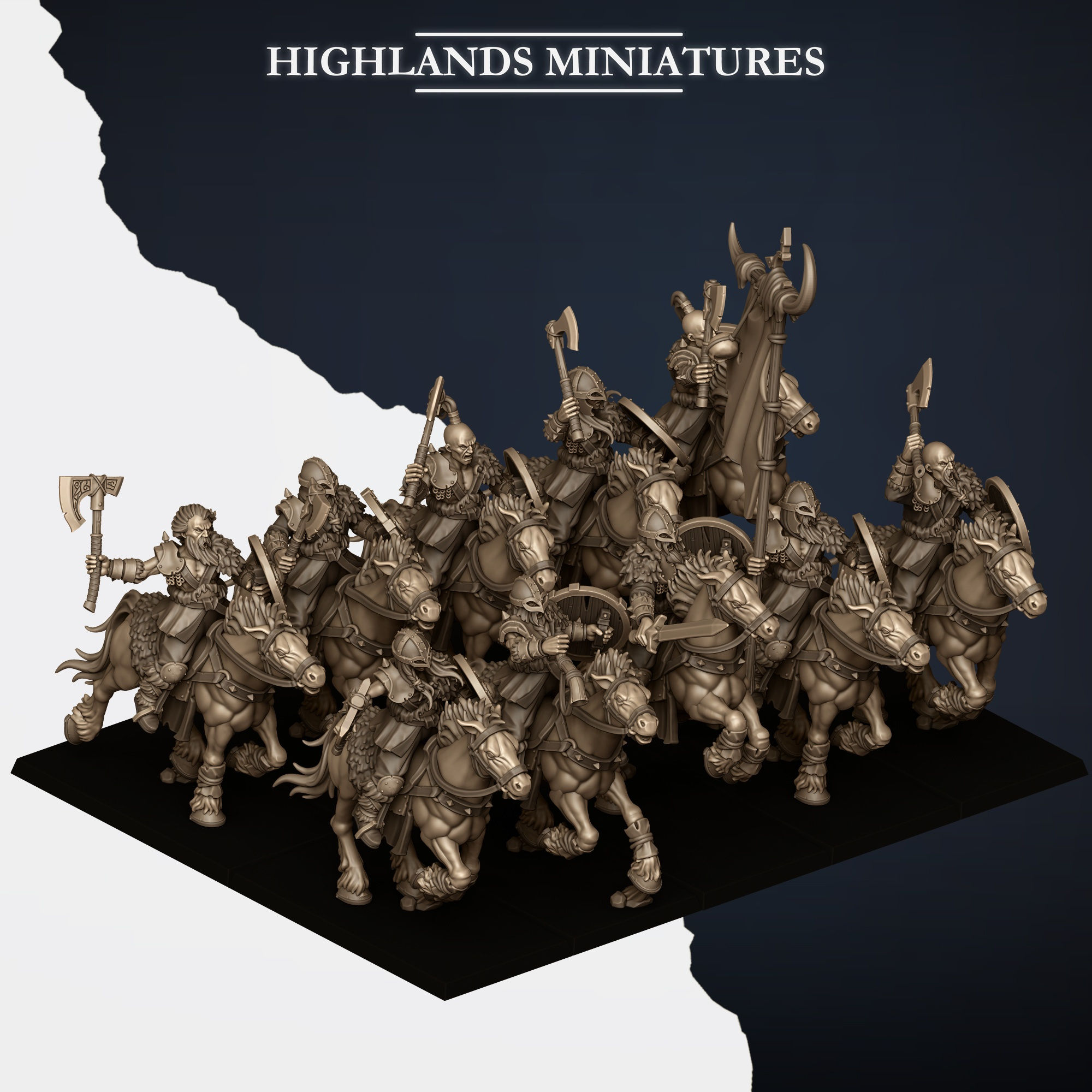 Mounted Raiders with weapons and shields (Aug 2026)  - Highlands Miniatures