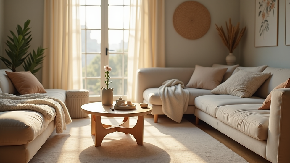 Eye-level view of a cozy mobile wellness setup in a living room