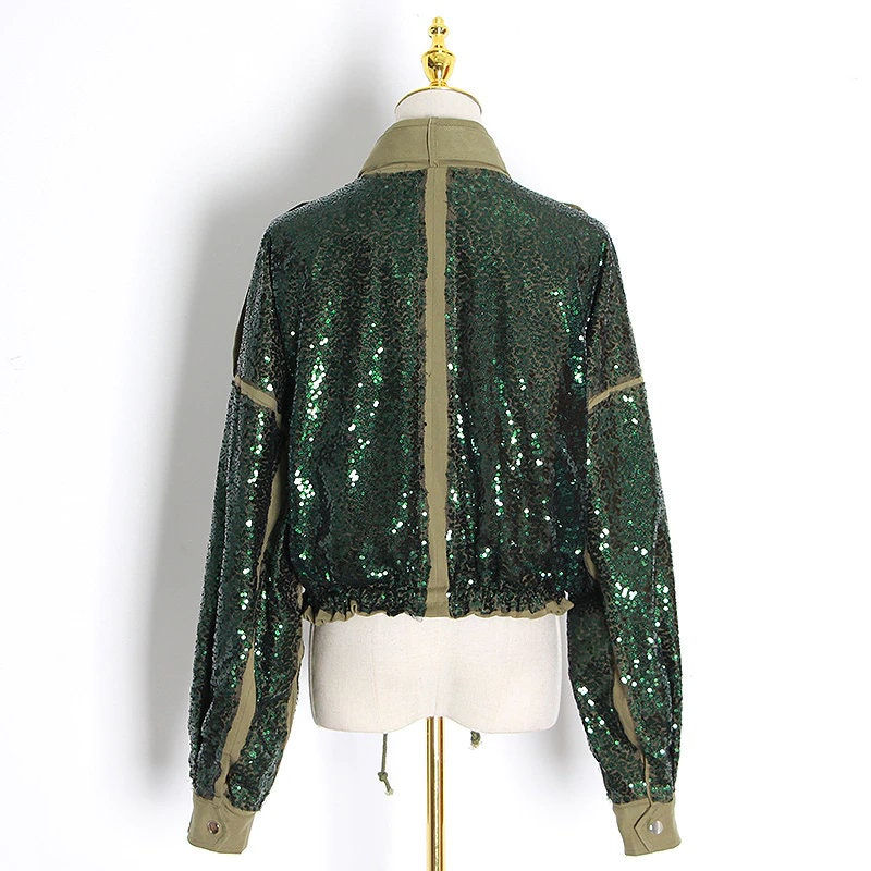 Thumbnail: Women's Loose Bomber Green Sequins Jacket back