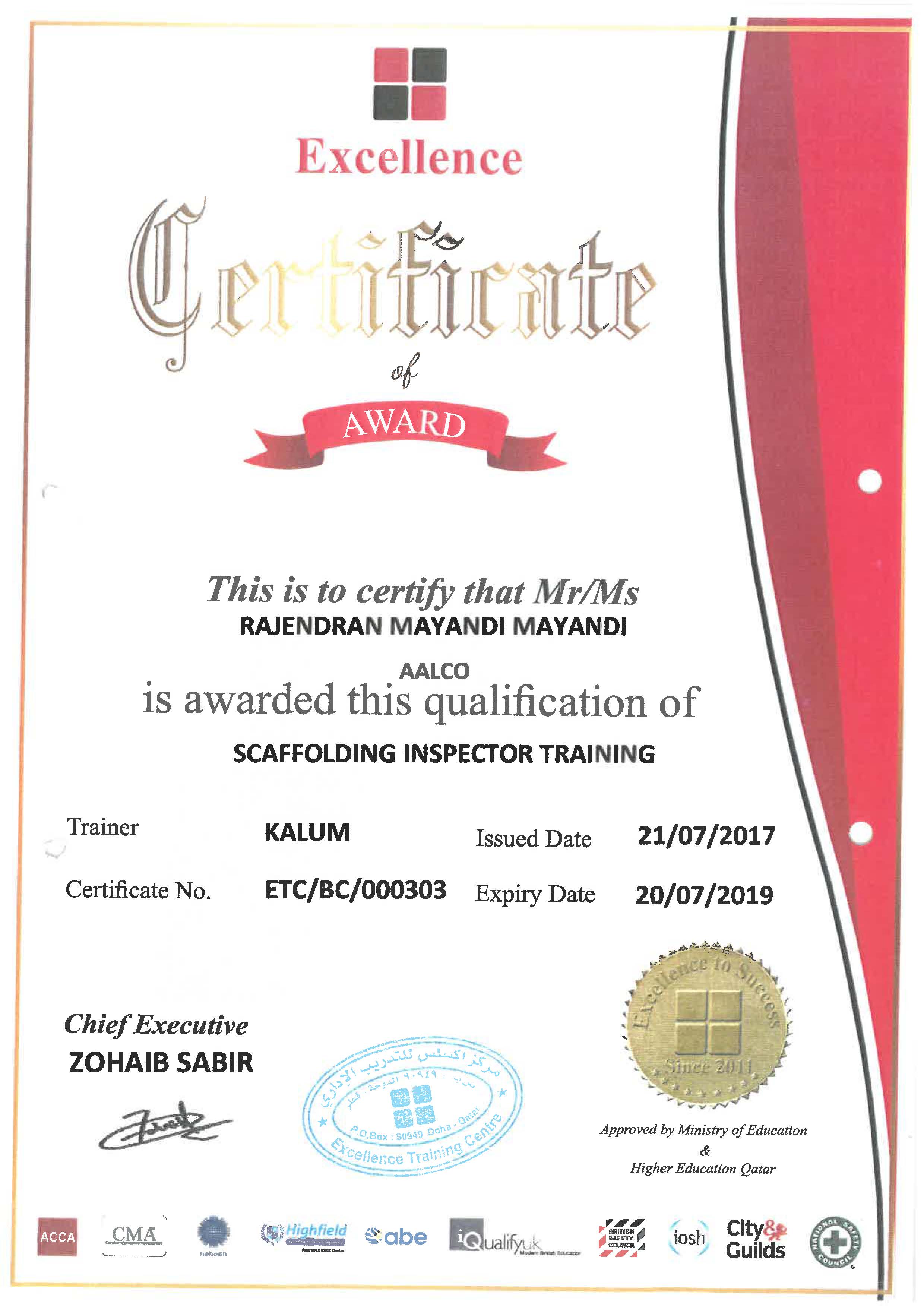 Scaffold Certificate