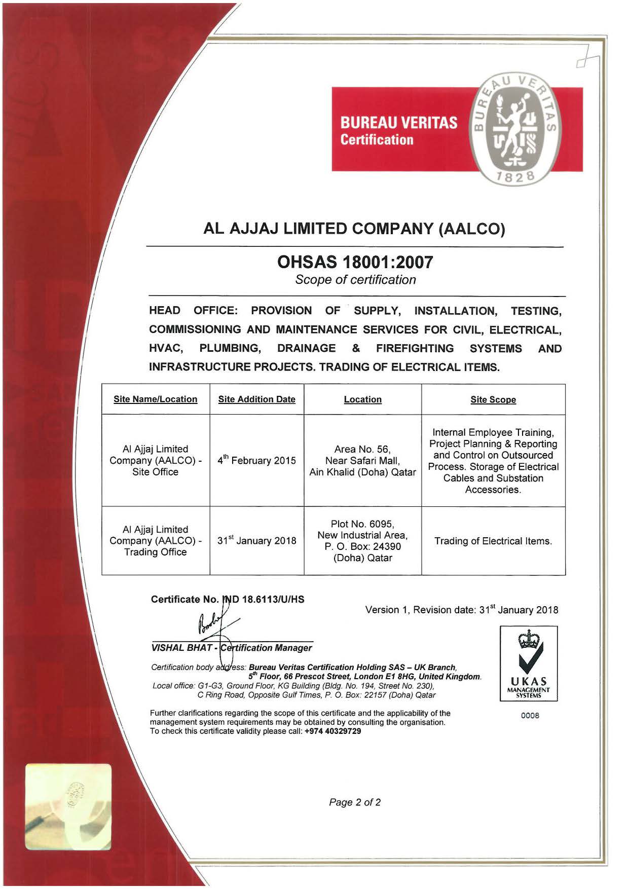 OHSAS 18001-2007 Certificate