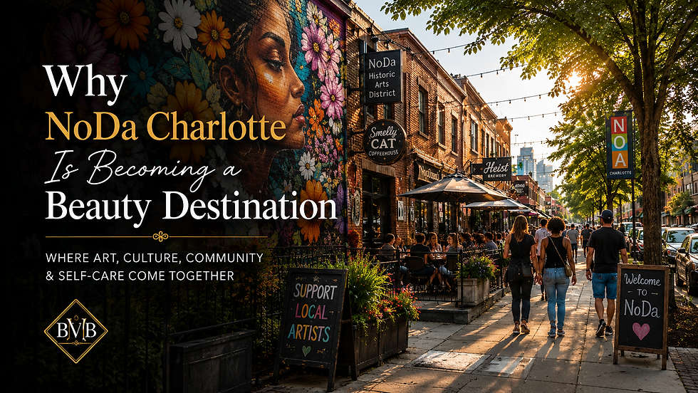 Colorful NoDa Charlotte mural, outdoor dining, local businesses, and community members enjoying the vibrant arts district in Charlotte, NC.